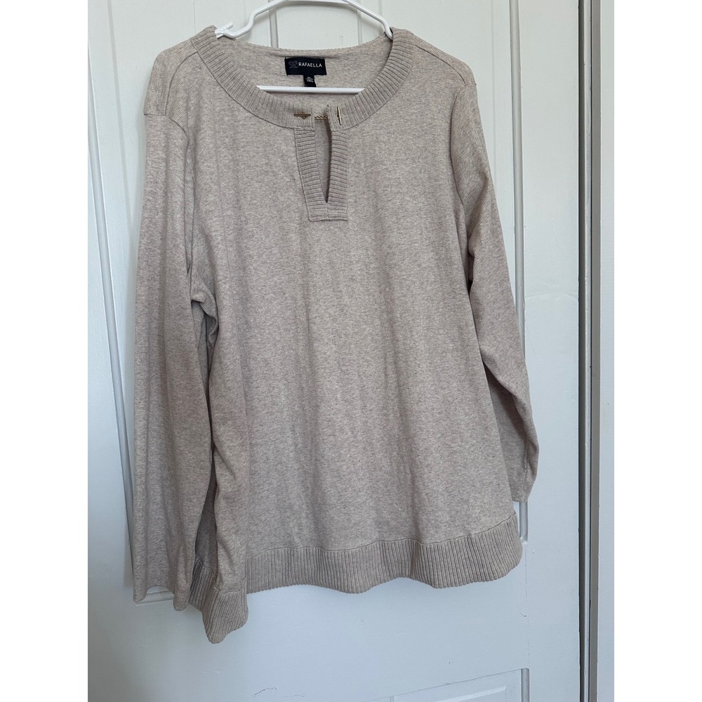 Rafaella Women 2XL Beige Ribbed Knit Top Gold Chain Split Neck Pullover Sweater